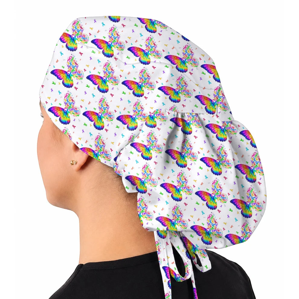 Cancer Awareness Butterfly Pattern Scrub Caps, Colorful Ribbon Nurse Scrubs, Healthcare Worker Awareness Scrub Cap