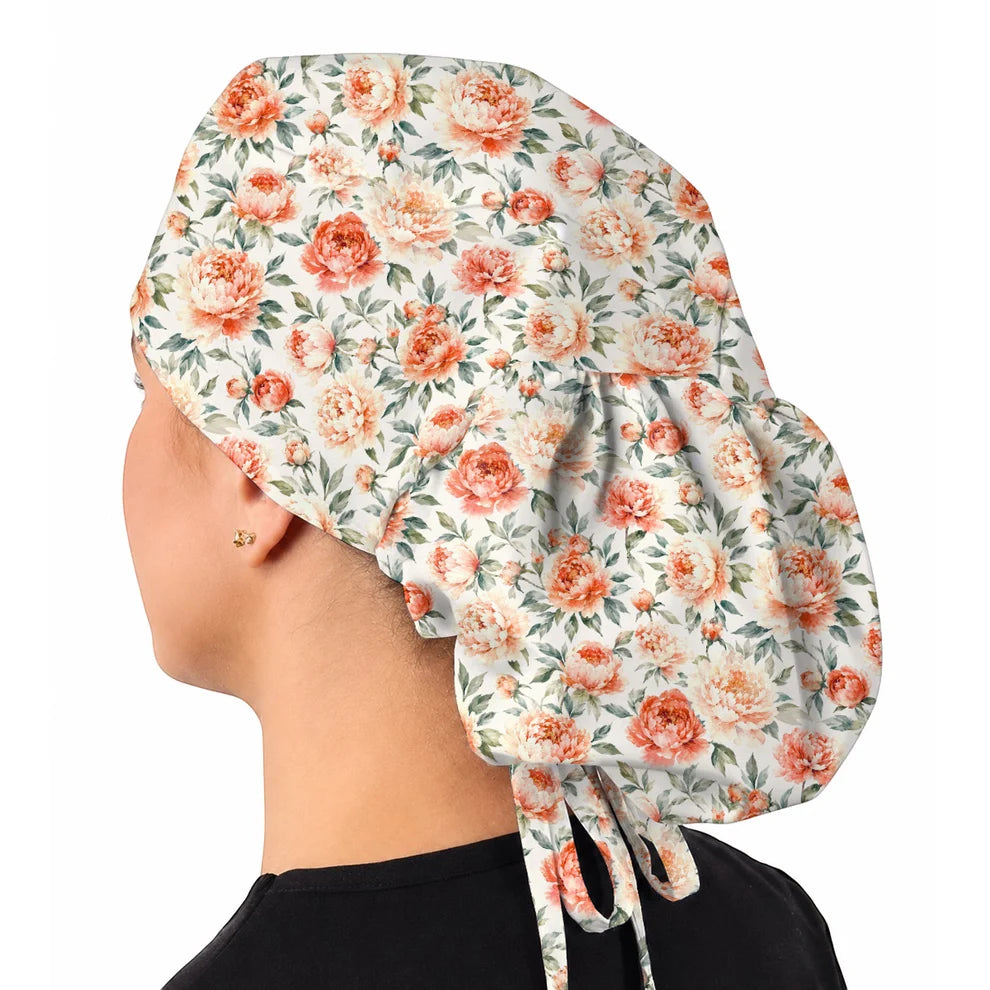 Pink Peony Garden Scrub Cap, Watercolor Peony Floral Print Scrubs, Romantic Botanical Nurse Caps
