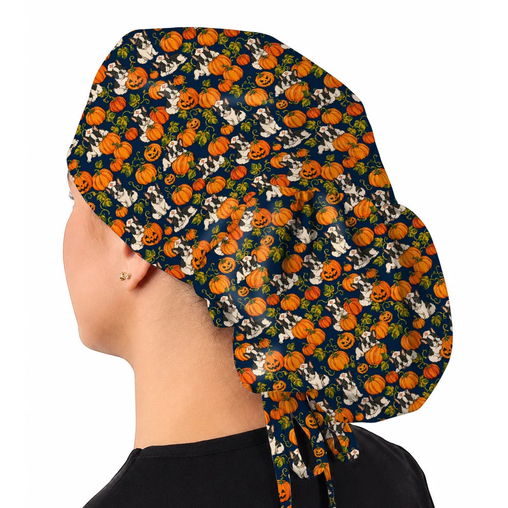 French Bulldog Halloween Nurse Scrub Cap, Pumpkin Frenchie Pattern Scrubs, Cute Fall Dog Scrub Shirt for Nurses