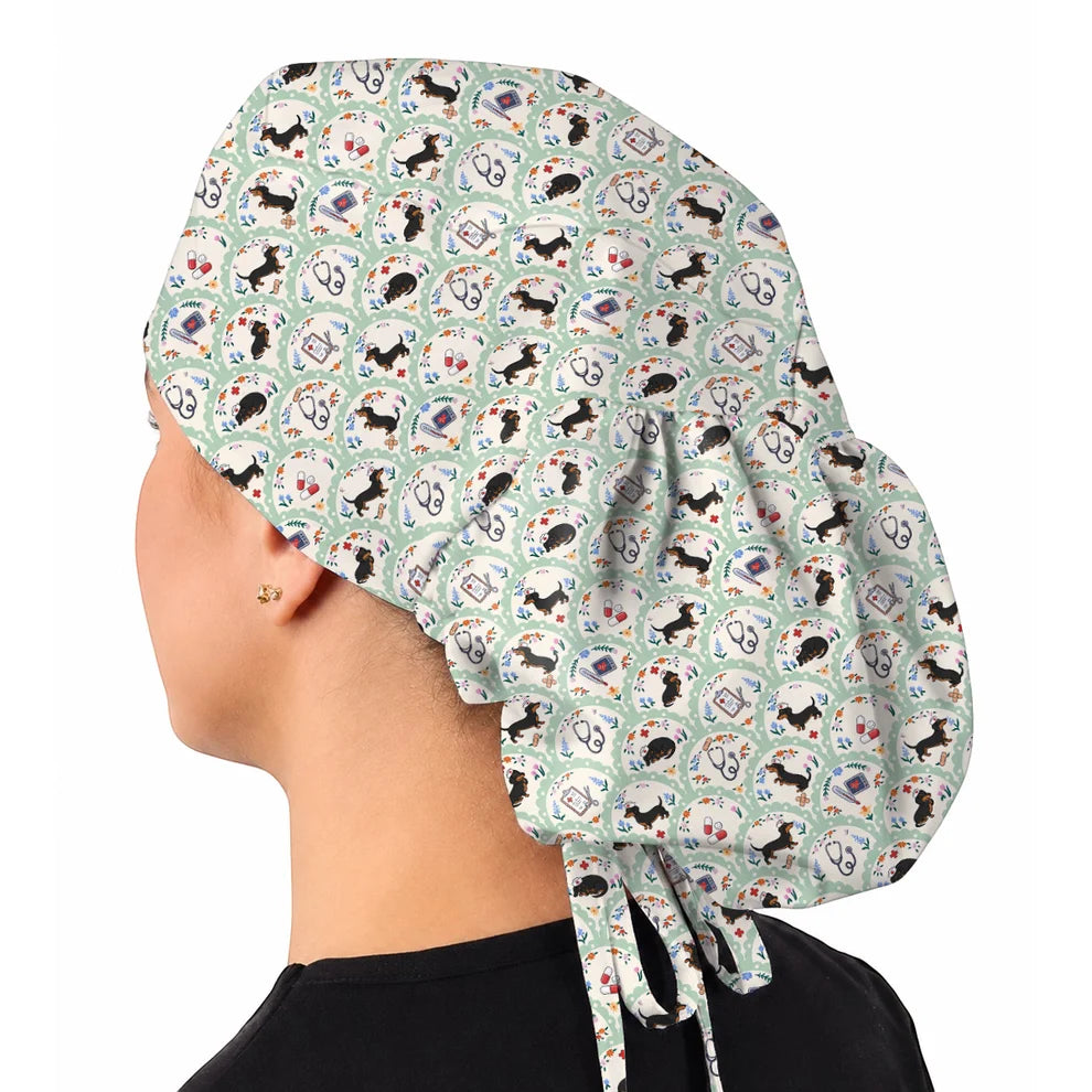 Dachshund Nurse Scrub Cap, Wiener Dog Medical Pattern Scrubs for Nurses, Cute Healthcare Uniform for Dog Lovers