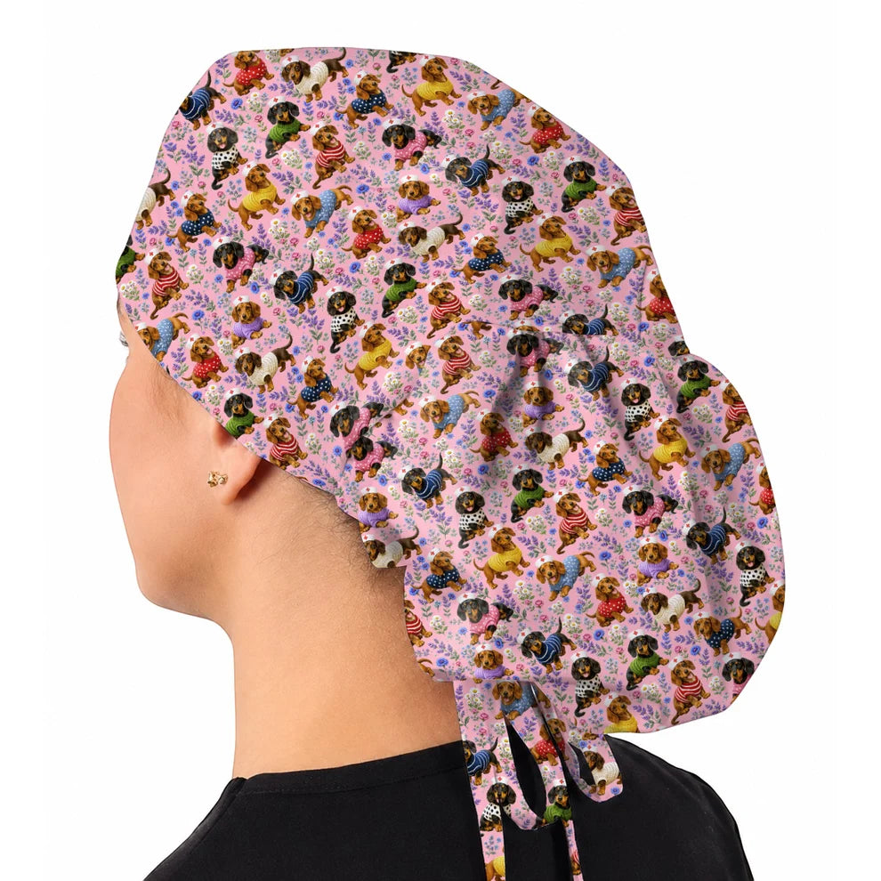 Dachshund Floral Nurse Scrub Cap, Cute Wiener Dog Pattern Scrubs for Nurses, Dog Lover Healthcare Gift