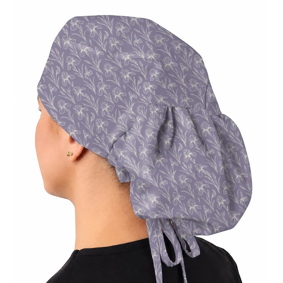 Iris Floral Scrub Caps, Botanical Iris Print Scrubs, Vintage Flower Nurse Cap