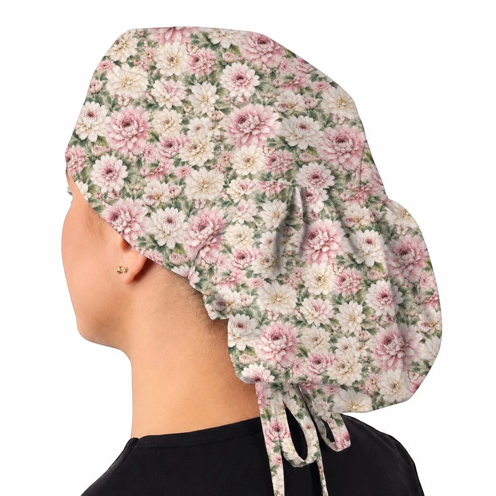 Dahlia Floral Scrub Caps, Vintage Dahlia Flower Print Scrubs, Botanical Nurse Cap