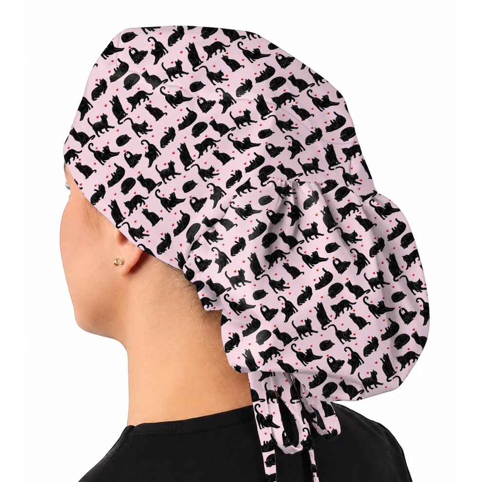 Black Cat Love Scrub Caps, Cute Cat Heart Print Scrubs, Cat Lover Nurse Cap