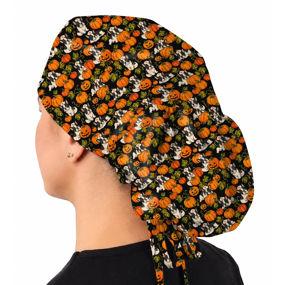 French Bulldog Halloween Nurse Scrub Cap, Pumpkin Frenchie Pattern Scrubs, Cute Fall Dog Scrub Shirt for Nurses