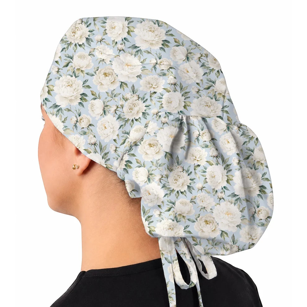 Pink Peony Garden Scrub Cap, Watercolor Peony Floral Print Scrubs, Romantic Botanical Nurse Caps