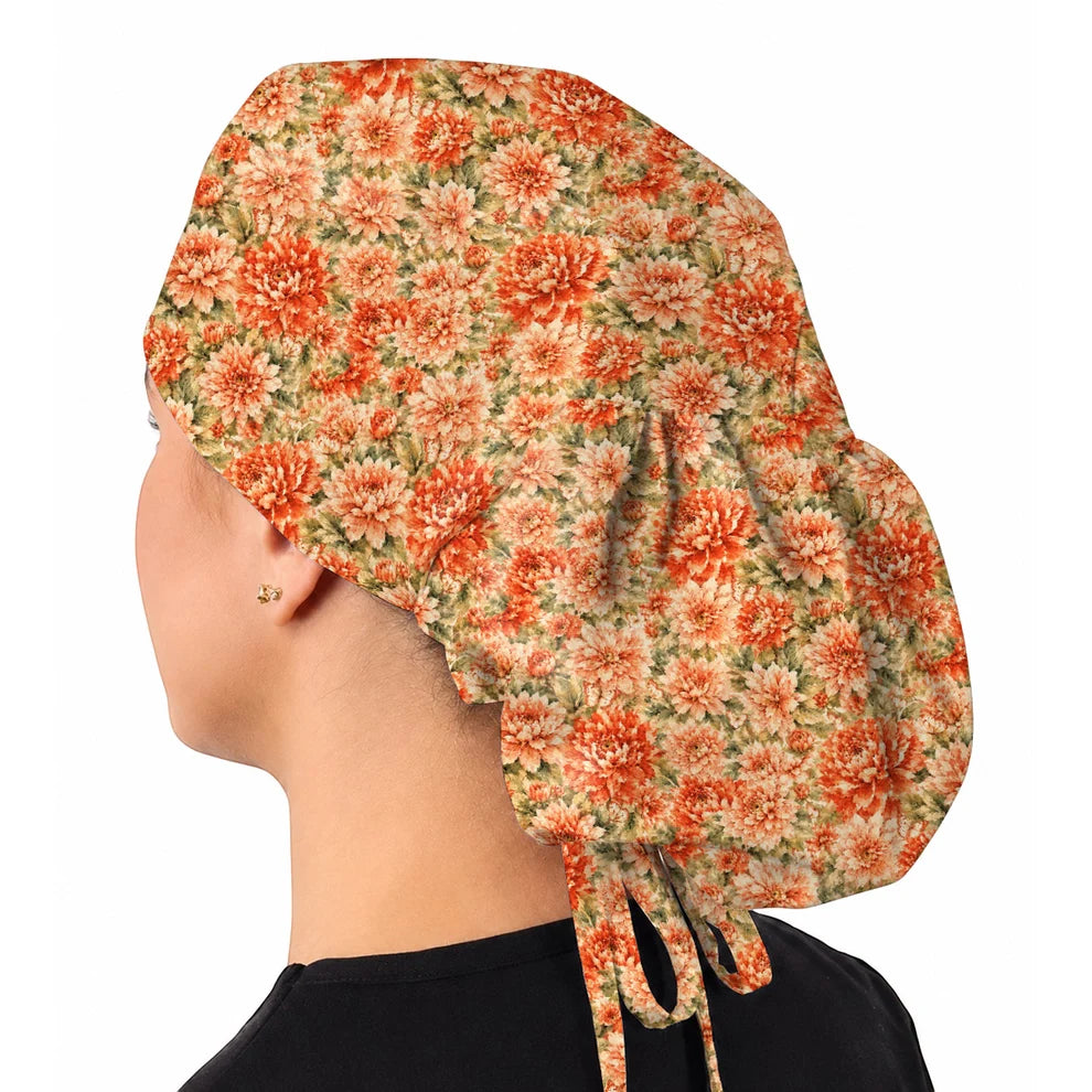Dahlia Floral Scrub Caps, Vintage Dahlia Flower Print Scrubs, Botanical Nurse Cap