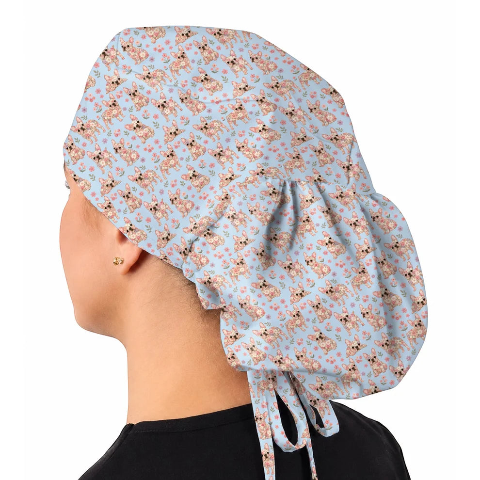 Floral French Bulldog Nurse Scrub Cap, Cute Frenchie Flower Pattern Scrubs for Nurses, Dog Lover Healthcare Gift