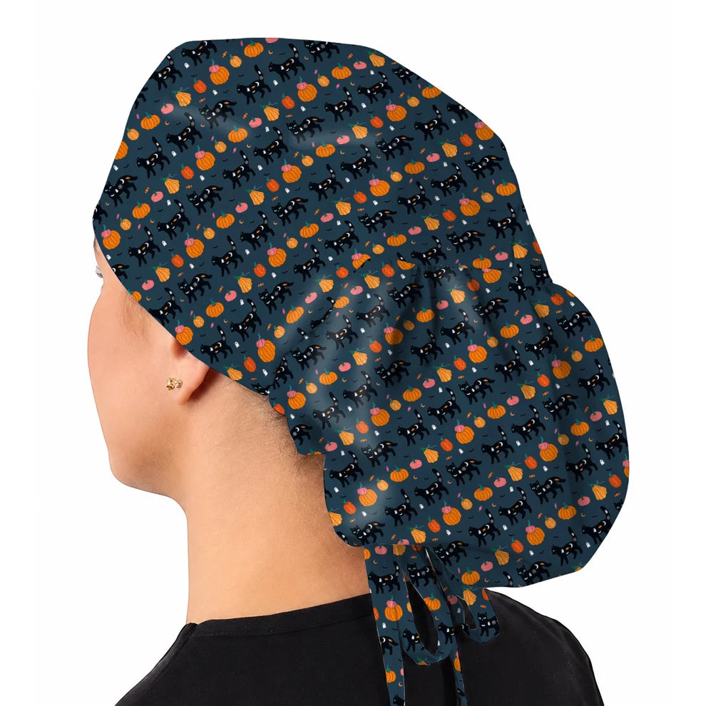 Halloween Black Cat Scrub Caps, Pumpkin Cat Print Scrubs, Spooky Nurse Cap