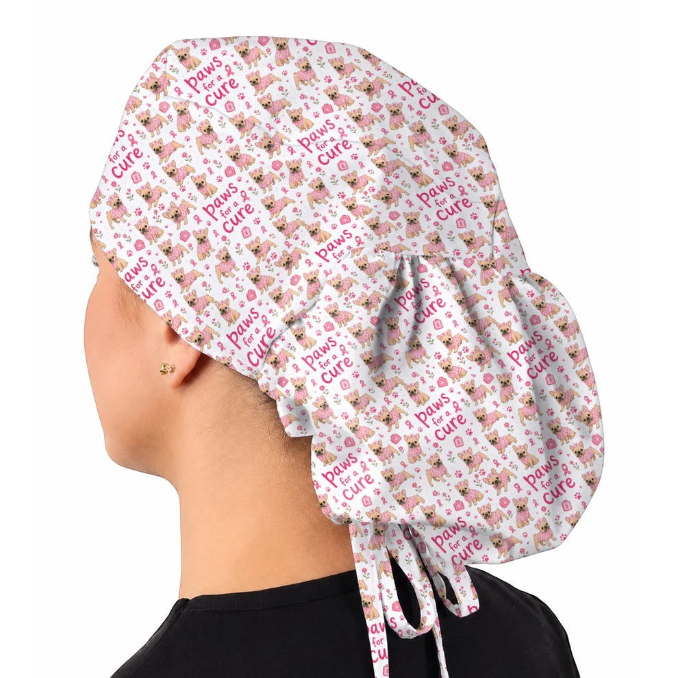 Breast Cancer French Bulldog Scrub Cap, Paws for a Cure Nursing Uniform, Pink Nurse Scrubs for Dog Lovers