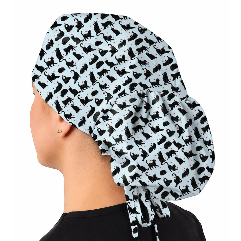 Black Cat Love Scrub Caps, Cute Cat Heart Print Scrubs, Cat Lover Nurse Cap