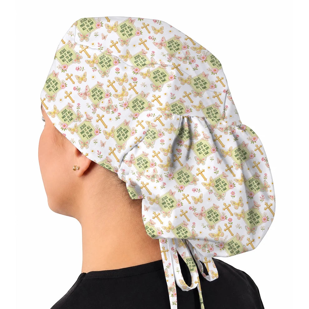 Jesus Paid It All Scrub Caps, Christian Butterfly Floral Nurse Scrubs Cap, Faith Inspired Gift For Nurses
