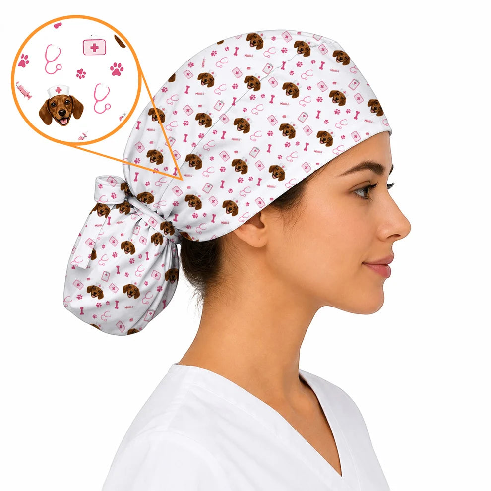 Dachshund Nurse Scrub Cap, Cute Wiener Dog Medical Uniform for Veterinary Professionals, Black Dog Lover Scrubs for Nurses