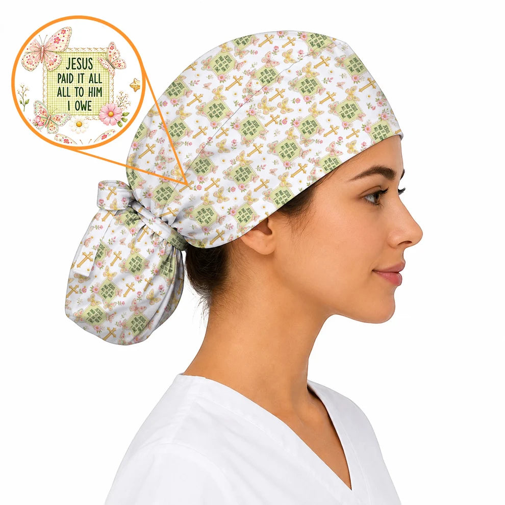 Jesus Paid It All Scrub Caps, Christian Butterfly Floral Nurse Scrubs Cap, Faith Inspired Gift For Nurses