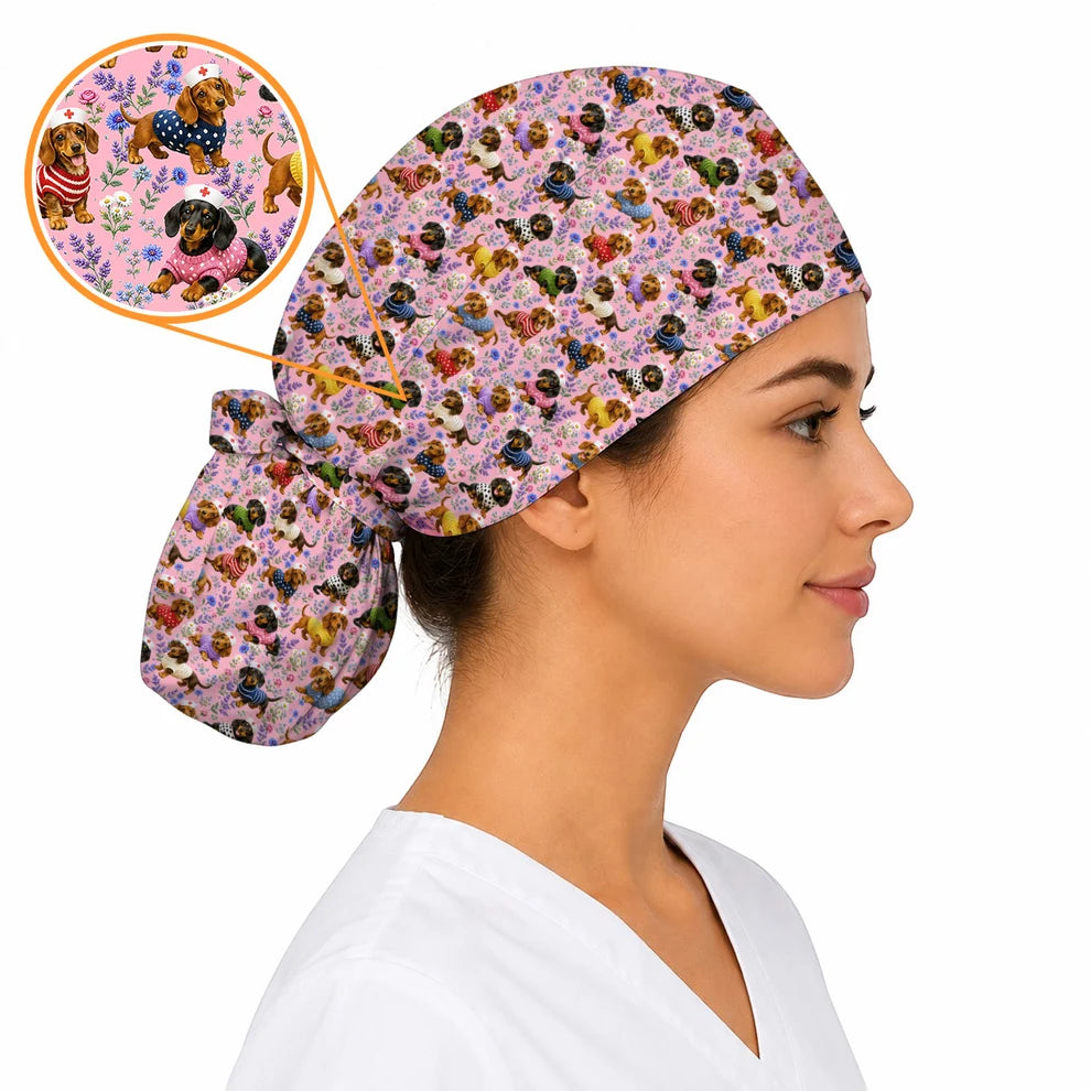 Dachshund Floral Nurse Scrub Cap, Cute Wiener Dog Pattern Scrubs for Nurses, Dog Lover Healthcare Gift