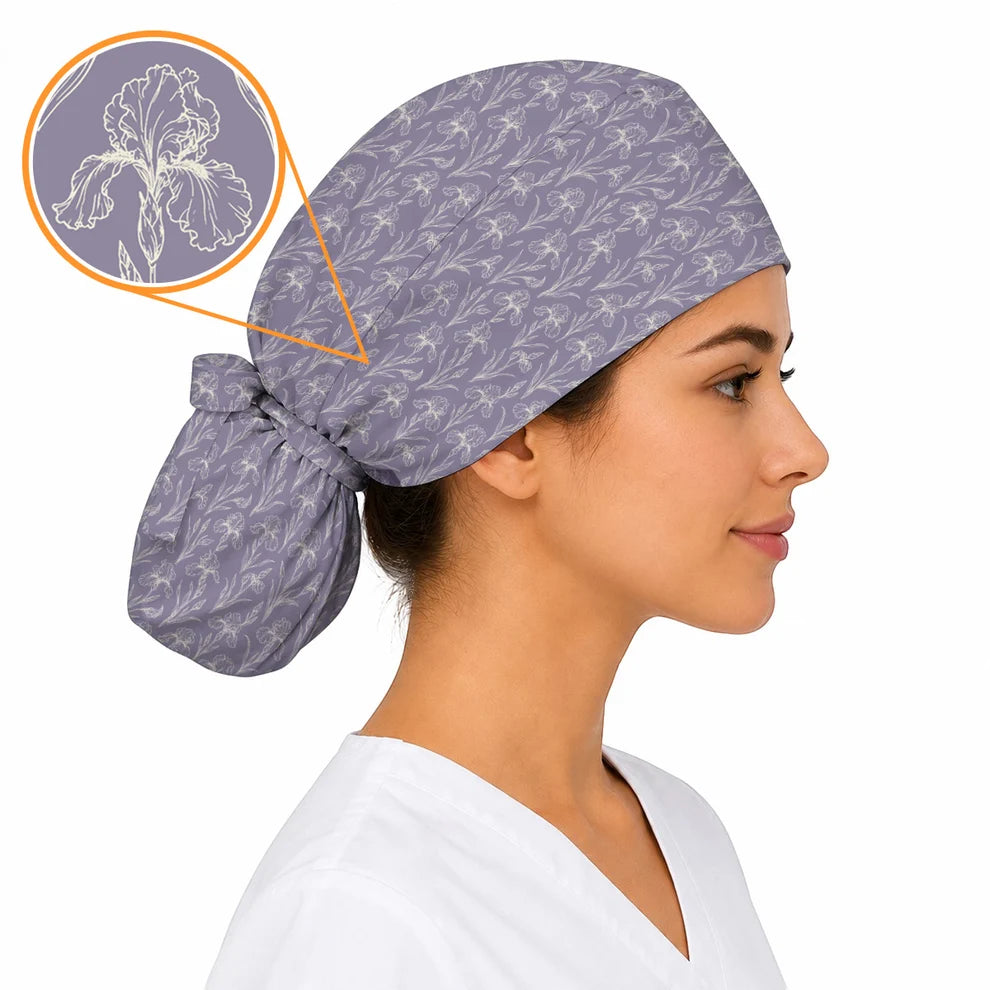 Iris Floral Scrub Caps, Botanical Iris Print Scrubs, Vintage Flower Nurse Cap