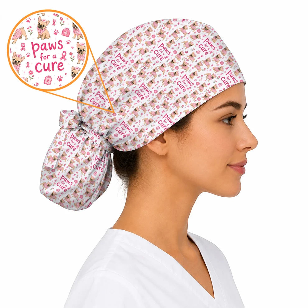Breast Cancer French Bulldog Scrub Cap, Paws for a Cure Nursing Uniform, Pink Nurse Scrubs for Dog Lovers