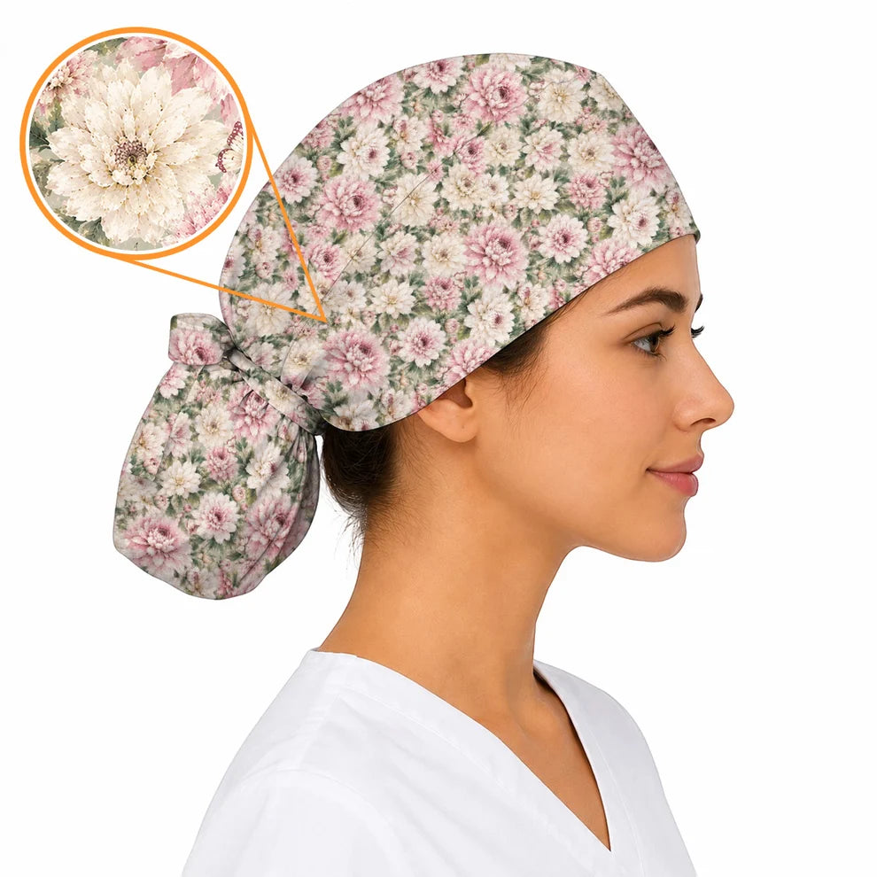 Dahlia Floral Scrub Caps, Vintage Dahlia Flower Print Scrubs, Botanical Nurse Cap