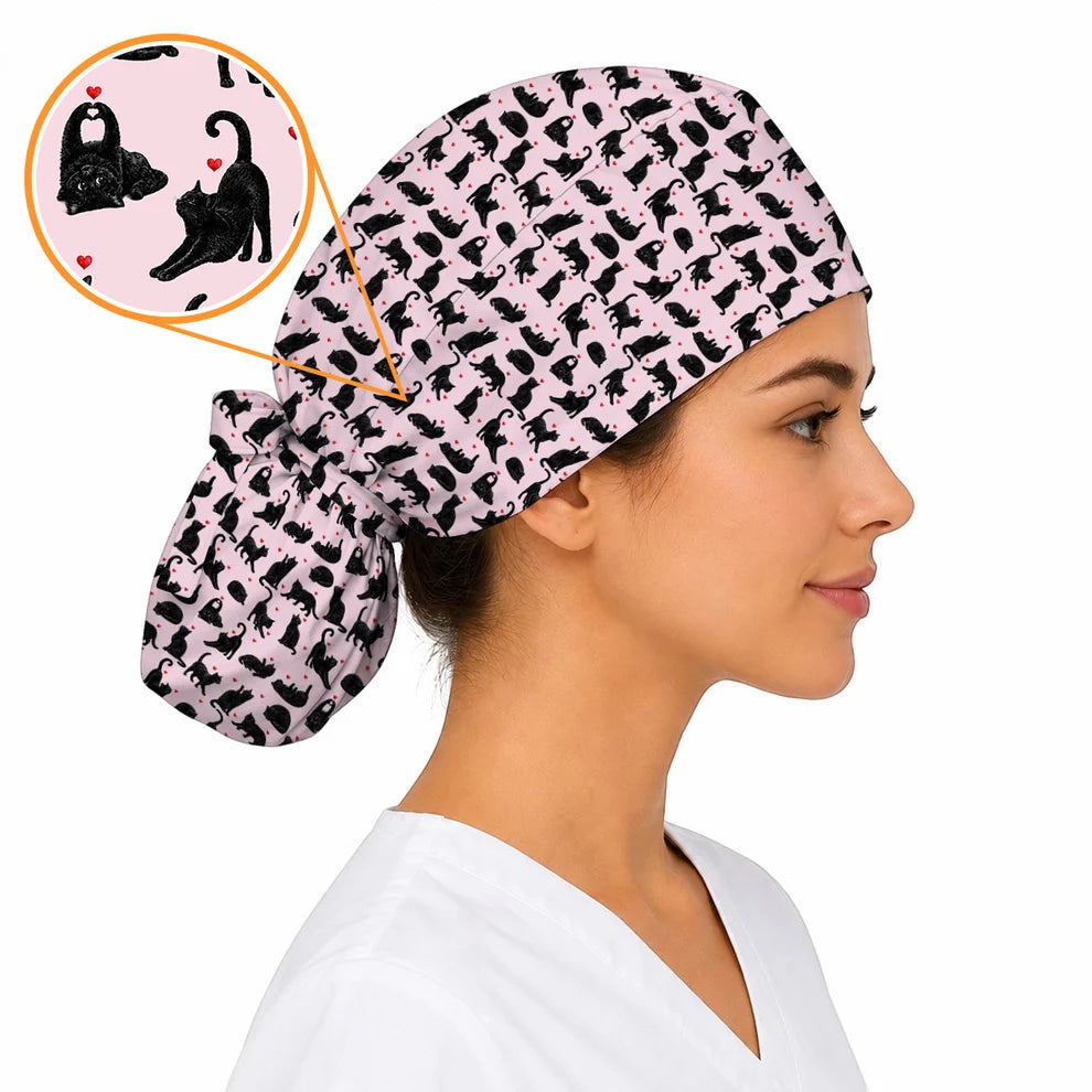 Black Cat Love Scrub Caps, Cute Cat Heart Print Scrubs, Cat Lover Nurse Cap