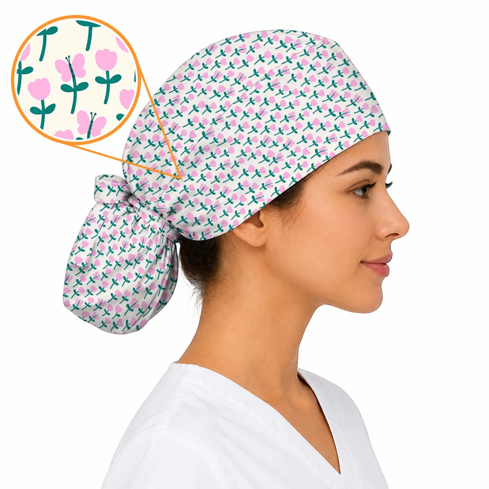 Playful Tulip Scrub Caps, Colorful Tulip Butterfly Nurse Scrubs Cap, Spring Floral Gift For Nurses