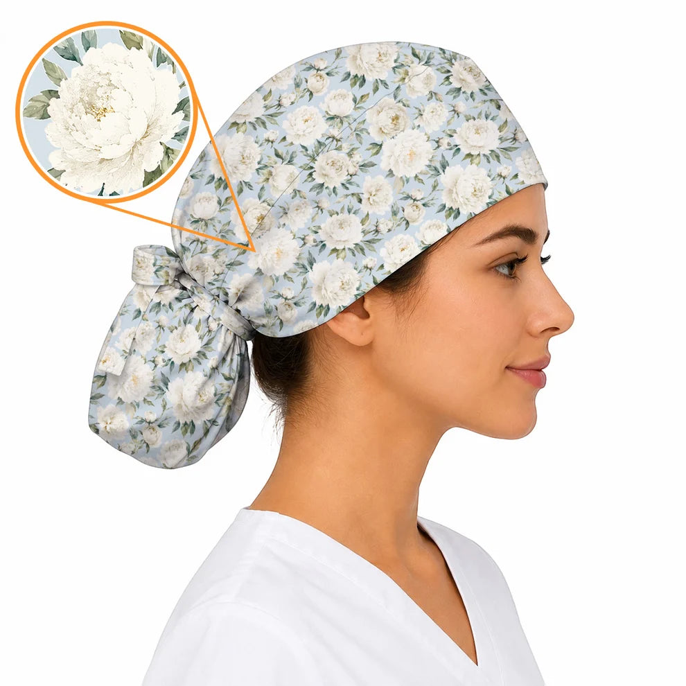 Pink Peony Garden Scrub Cap, Watercolor Peony Floral Print Scrubs, Romantic Botanical Nurse Caps
