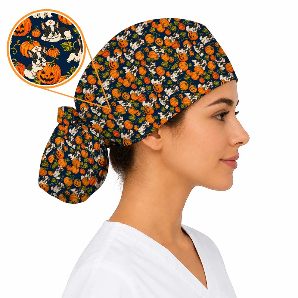 French Bulldog Halloween Nurse Scrub Cap, Pumpkin Frenchie Pattern Scrubs, Cute Fall Dog Scrub Shirt for Nurses