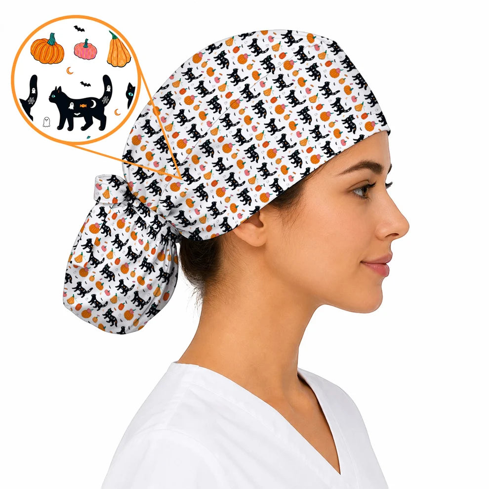 Halloween Black Cat Scrub Caps, Pumpkin Cat Print Scrubs, Spooky Nurse Cap