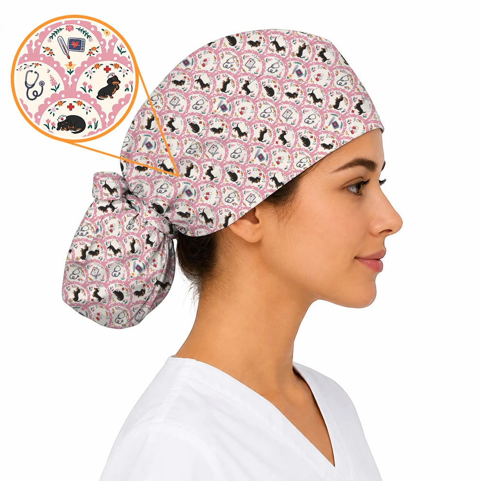 Dachshund Nurse Scrub Cap, Wiener Dog Medical Pattern Scrubs for Nurses, Cute Healthcare Uniform for Dog Lovers