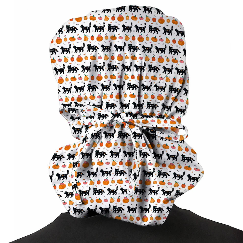 Halloween Black Cat Scrub Caps, Pumpkin Cat Print Scrubs, Spooky Nurse Cap