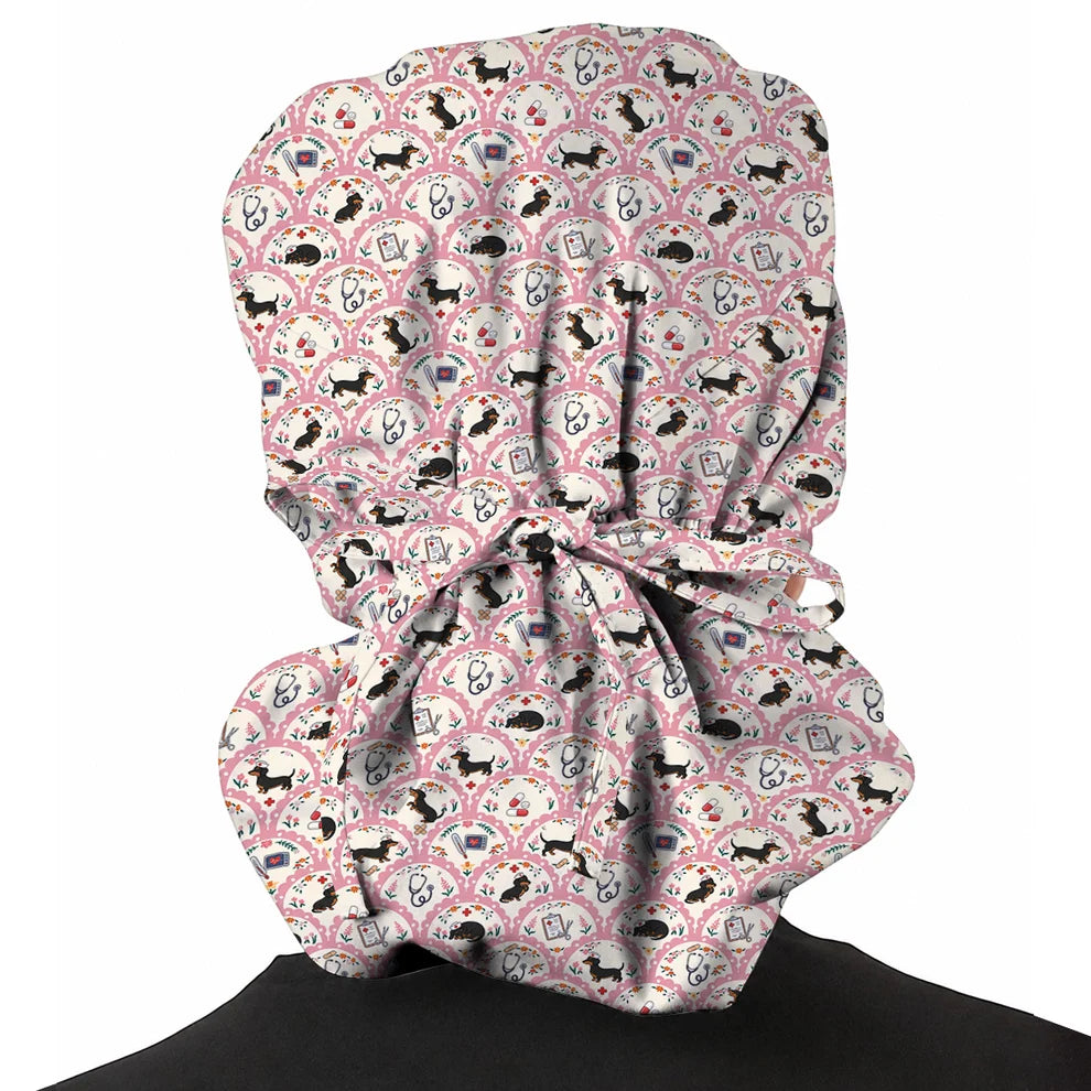 Dachshund Nurse Scrub Cap, Wiener Dog Medical Pattern Scrubs for Nurses, Cute Healthcare Uniform for Dog Lovers