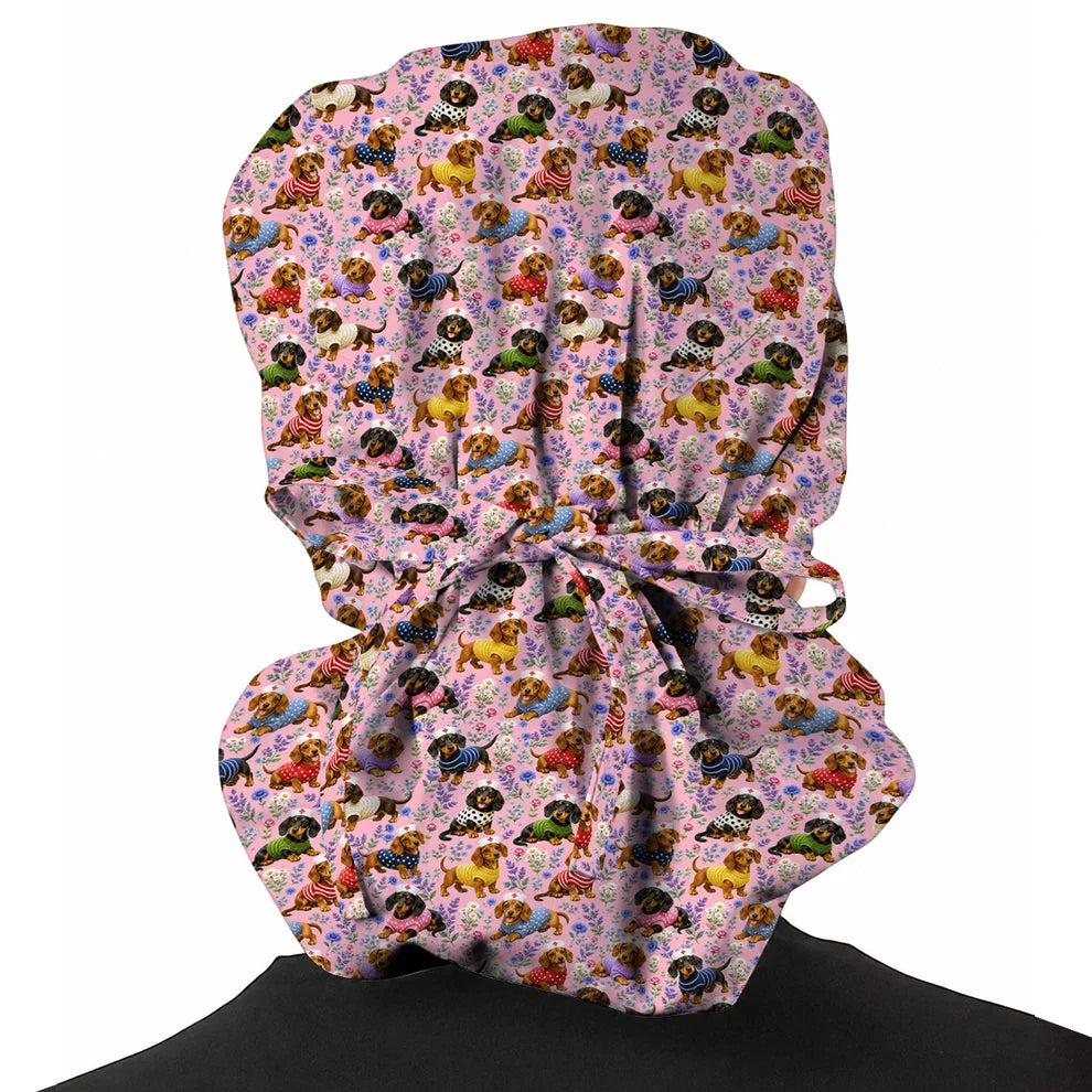 Dachshund Floral Nurse Scrub Cap, Cute Wiener Dog Pattern Scrubs for Nurses, Dog Lover Healthcare Gift