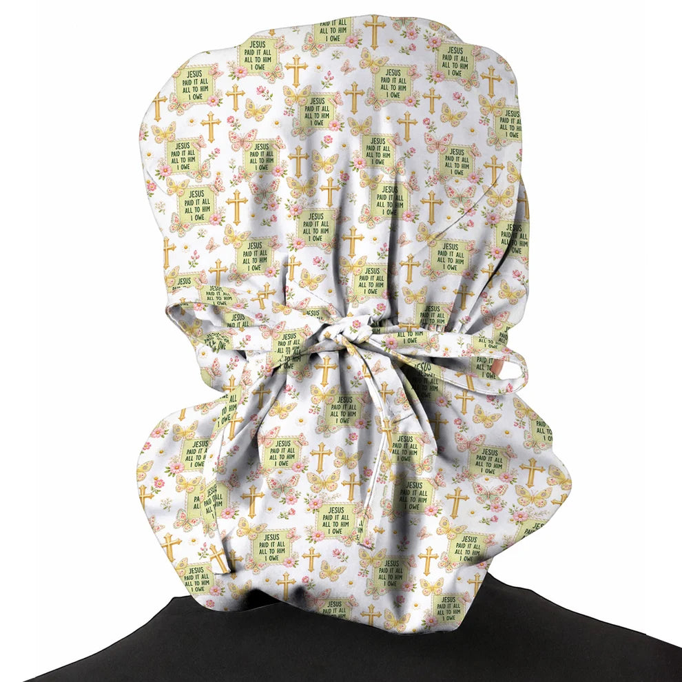 Jesus Paid It All Scrub Caps, Christian Butterfly Floral Nurse Scrubs Cap, Faith Inspired Gift For Nurses