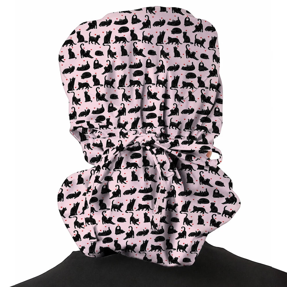 Black Cat Love Scrub Caps, Cute Cat Heart Print Scrubs, Cat Lover Nurse Cap