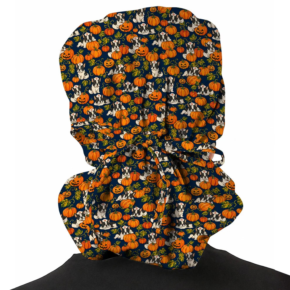 French Bulldog Halloween Nurse Scrub Cap, Pumpkin Frenchie Pattern Scrubs, Cute Fall Dog Scrub Shirt for Nurses