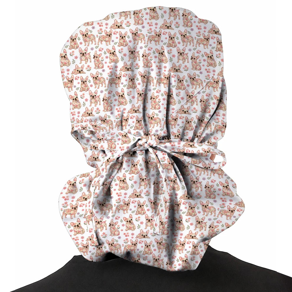 Floral French Bulldog Nurse Scrub Cap, Cute Frenchie Flower Pattern Scrubs for Nurses, Dog Lover Healthcare Gift