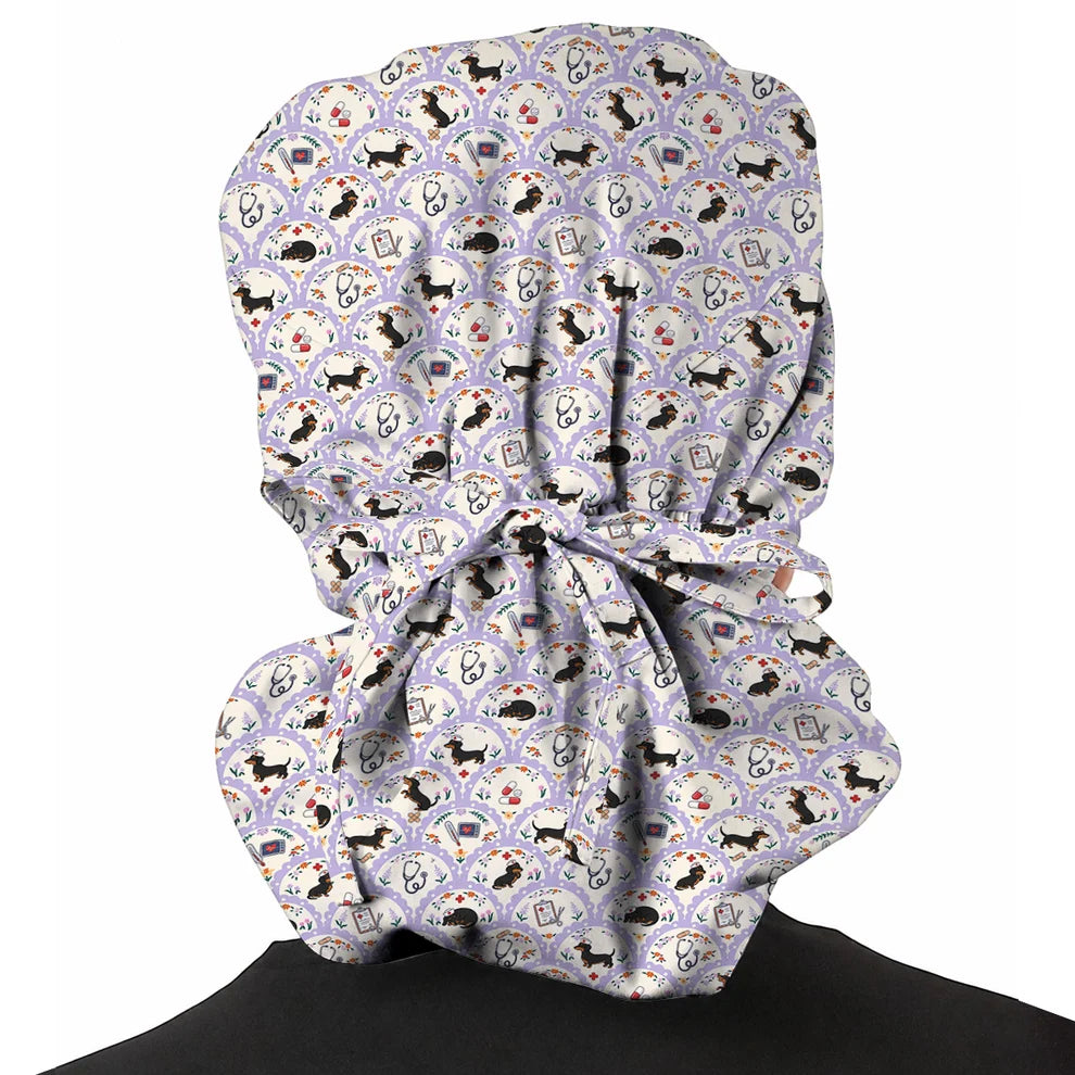 Dachshund Nurse Scrub Cap, Wiener Dog Medical Pattern Scrubs for Nurses, Cute Healthcare Uniform for Dog Lovers