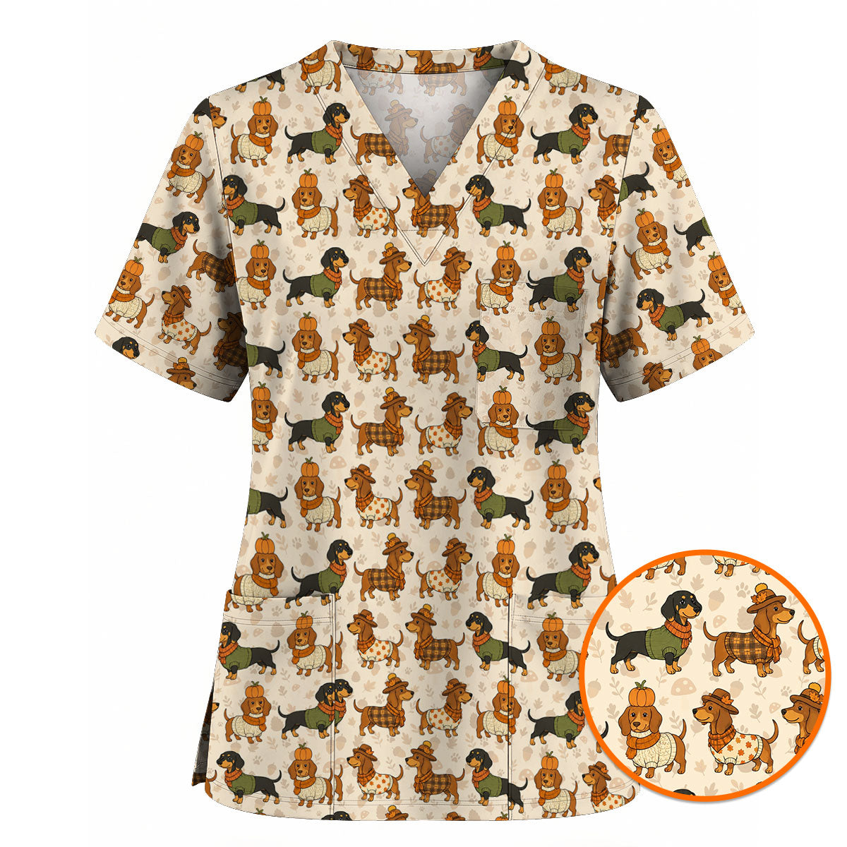 Autumn Dachshund Scrub Top, Cute Fall Wiener Dog Nursing Scrubs for Dog Lovers, Breathable Fabrics Nursing Uniform