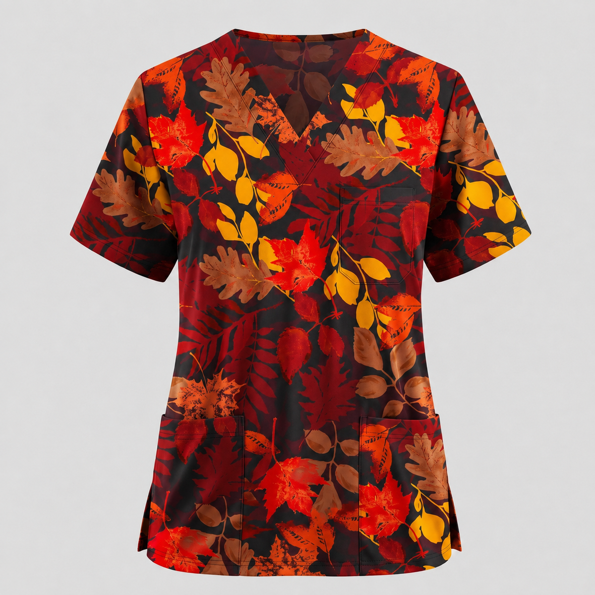 Autumn Leaves Scrub Top for Women, Fall Floral Nursing Uniform, Breathable Autumn Medical Scrub Shirt
