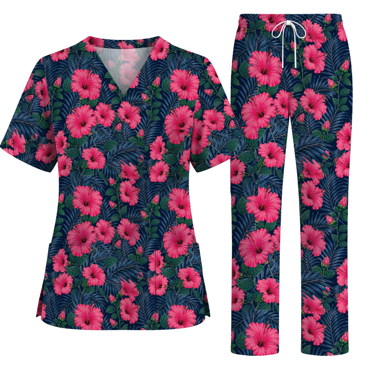 Tropical Hibiscus Scrub Top, Vibrant Hibiscus Floral Nurse Scrubs, Botanical Gift For Nurses
