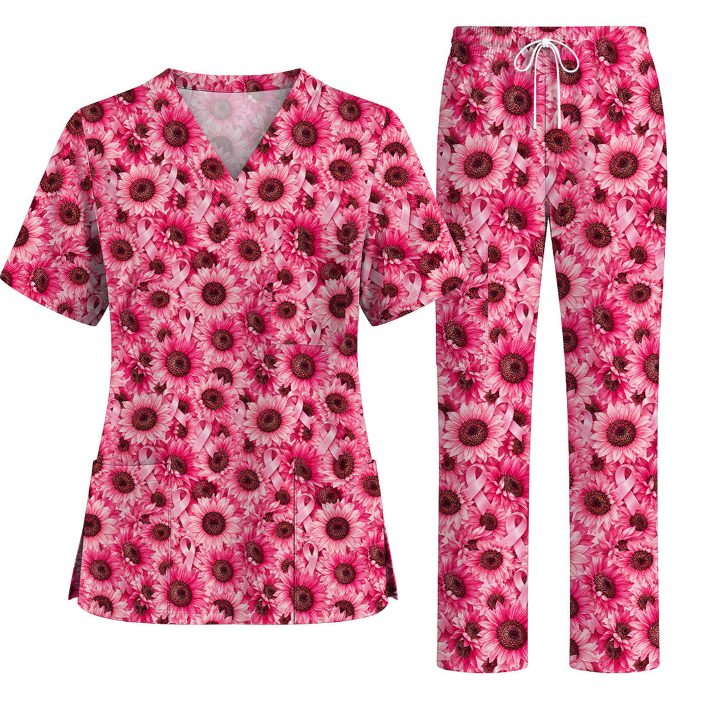 Breast Cancer Awareness Floral Scrub Top, Pink Ribbon Pattern Nurse Scrubs, Breast Cancer Nursing Uniform