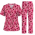 Breast Cancer Awareness Floral Scrub Top, Pink Ribbon Pattern Nurse Scrubs, Breast Cancer Nursing Uniform