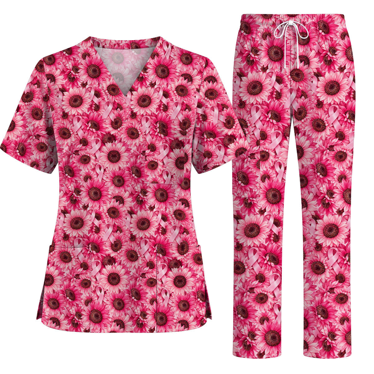 Breast Cancer Awareness Floral Scrub Top, Pink Ribbon Pattern Nurse Scrubs, Breast Cancer Nursing Uniform