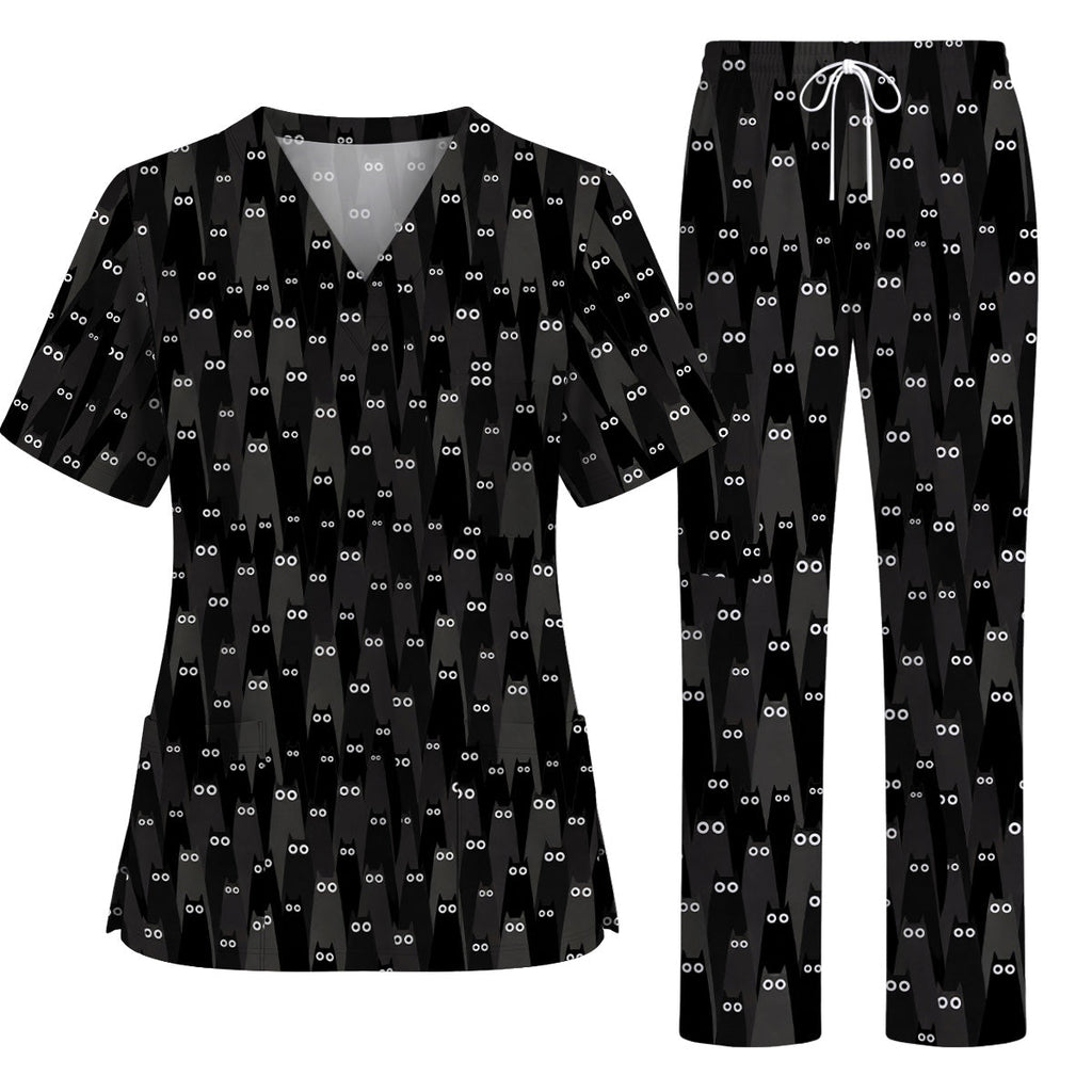 Black Cat Scrub Top, Spooky Cat Print Scrubs, Cute Halloween Nurse Uniform