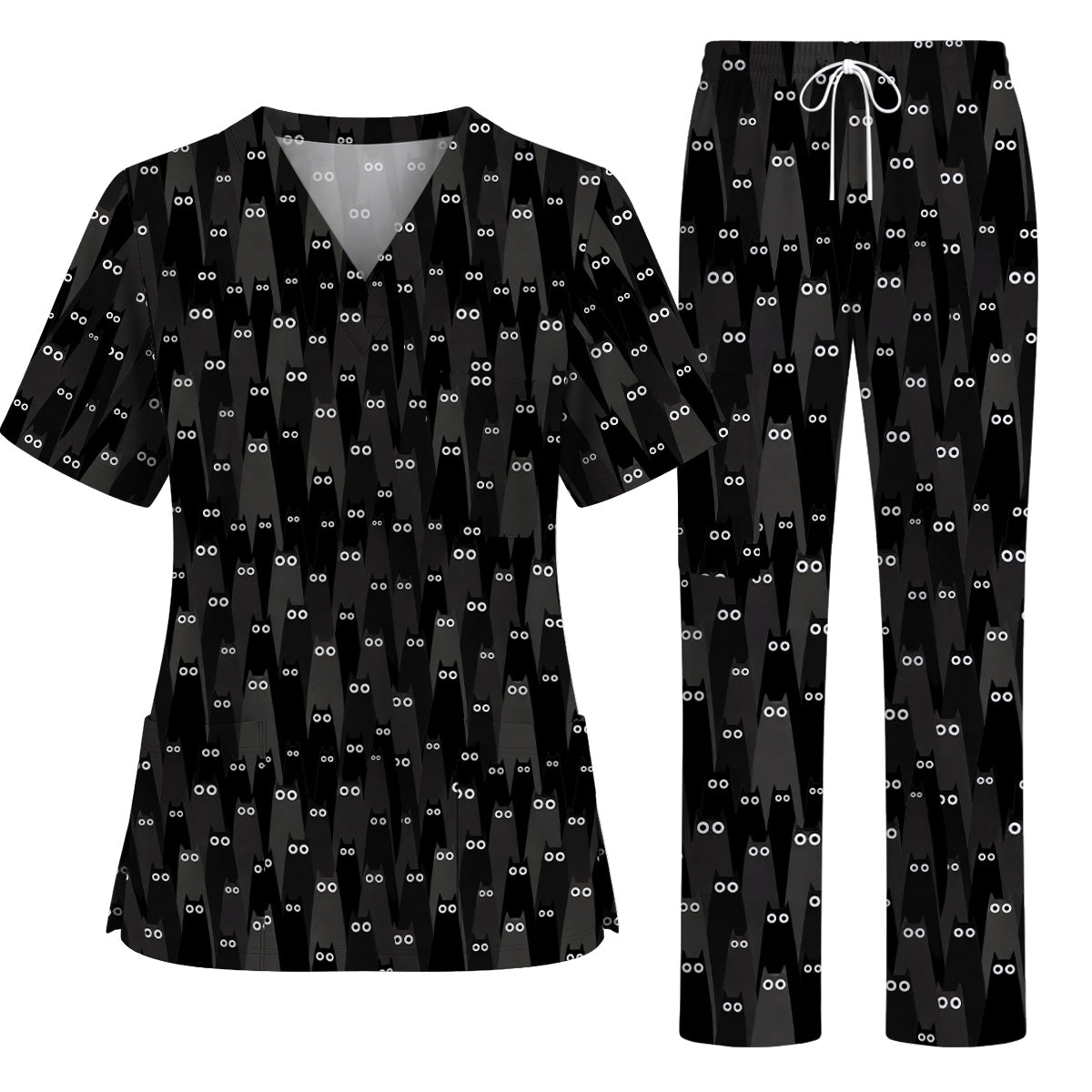 Black Cat Scrub Top, Spooky Cat Print Scrubs, Cute Halloween Nurse Uniform