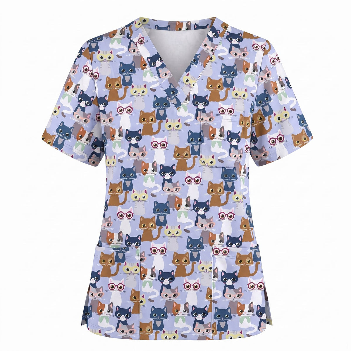 Curious Cat Scrub Top, Cute Cats Scrub Top for Women, Breathable Fabrics Nursing Uniform