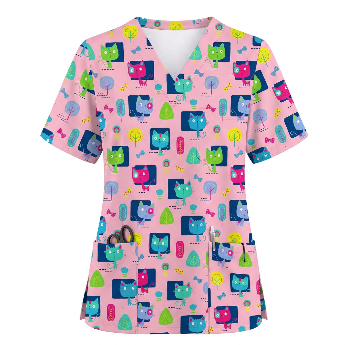 Cute Cat Pattern Scrub Top for Women, Colorful Cartoon Cats Nursing Uniform, Funny Cat Nurse Scrub Shirt, Breathable Medical Scrubs for RN LPN CNA