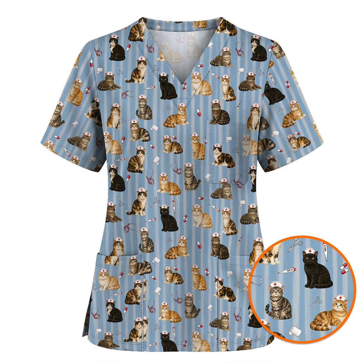 Nurse Cat Scrub Top, Cat Lover Medical Nurse Uniform for Veterinary & Healthcare Workers, Comfortable Feline Nursing Scrubs
