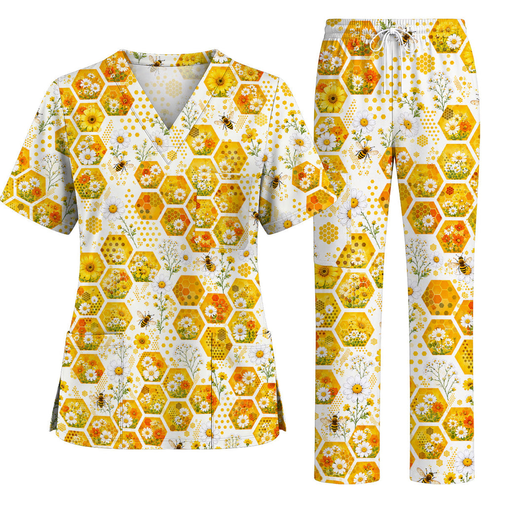 Honey Bee Daisy Scrub Top, Honeycomb Floral Nurse Shirt, Cute Bee Healthcare Uniform