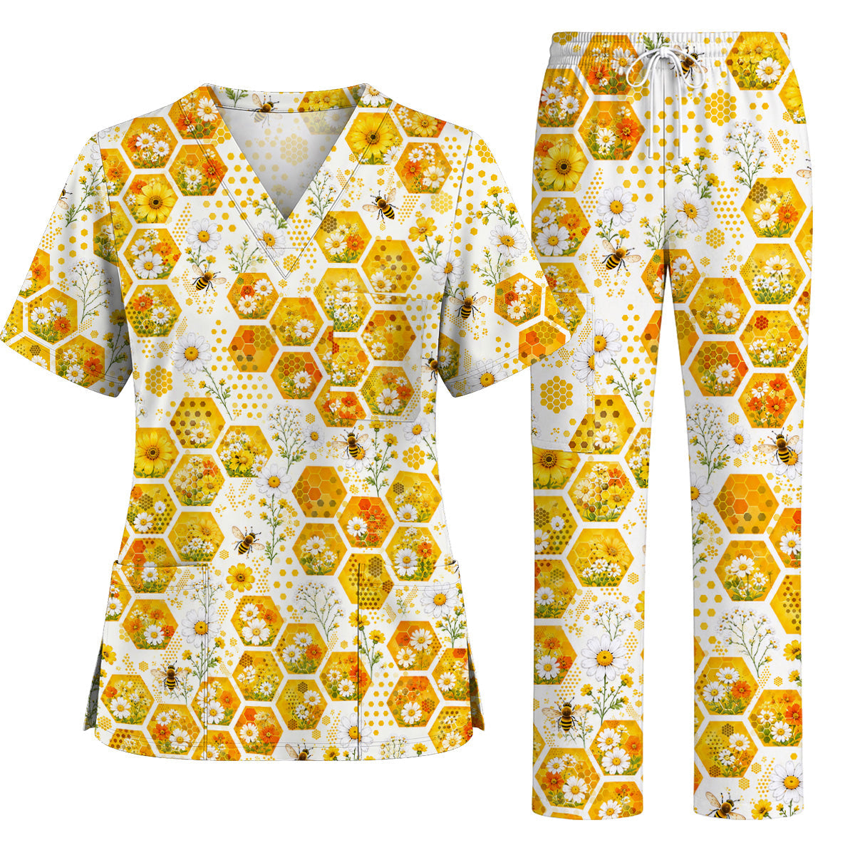 Honey Bee Daisy Scrub Top, Honeycomb Floral Nurse Shirt, Cute Bee Healthcare Uniform