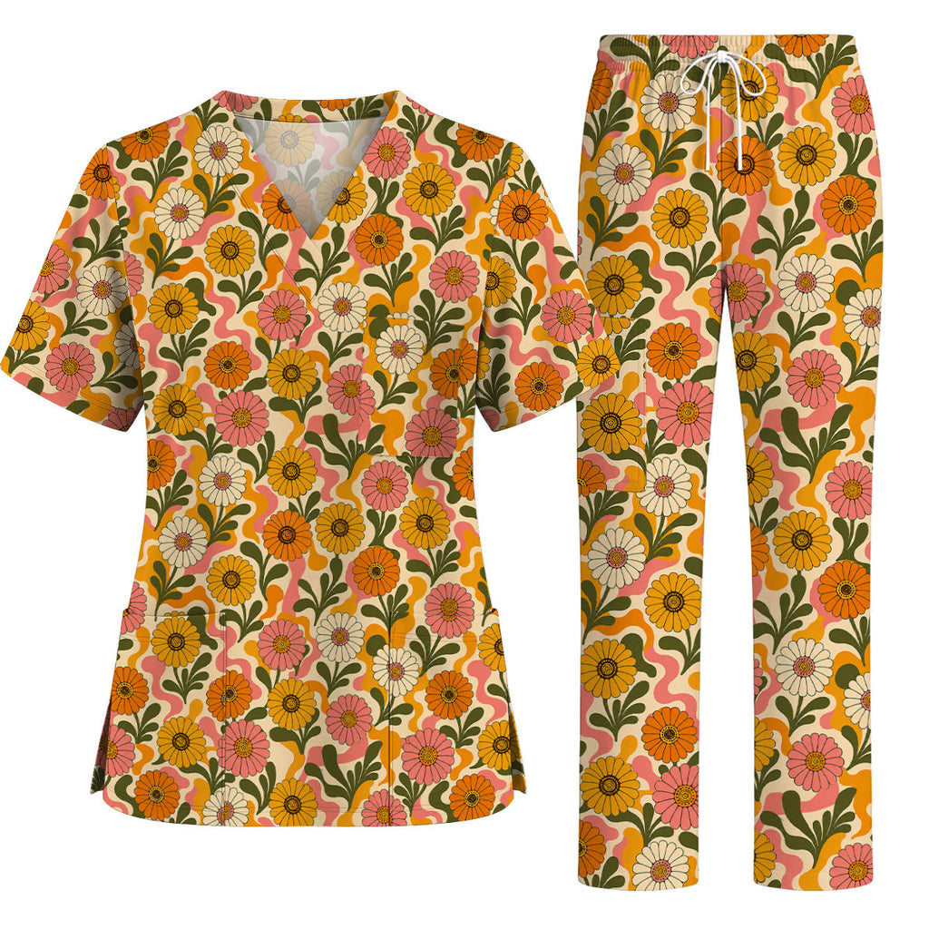 Retro Gerbera Floral Scrub Top, Groovy Gerbera Flower Print Scrubs, Vintage Nurse Medical Uniform
